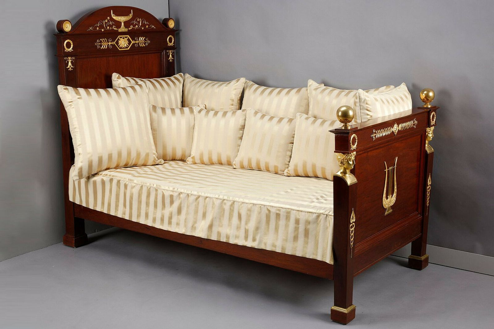 photo buy Empire Period Mahogany Sofa Bed Decorated With Lyre And Mercury Bust In Gilt Bronze, 19th Century