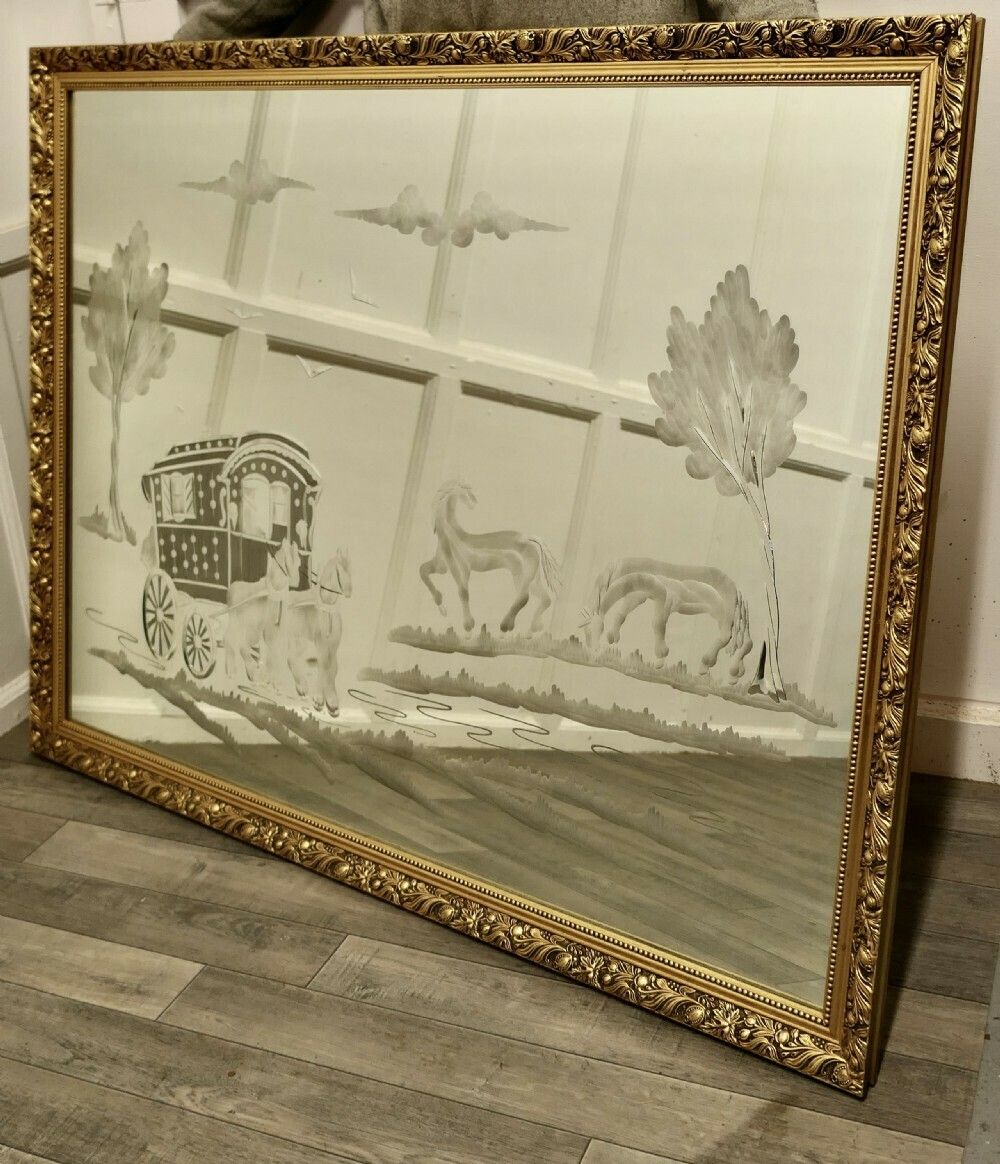 Engraved Mirror, Horse Drawn Romany Caravan photo Home Decor