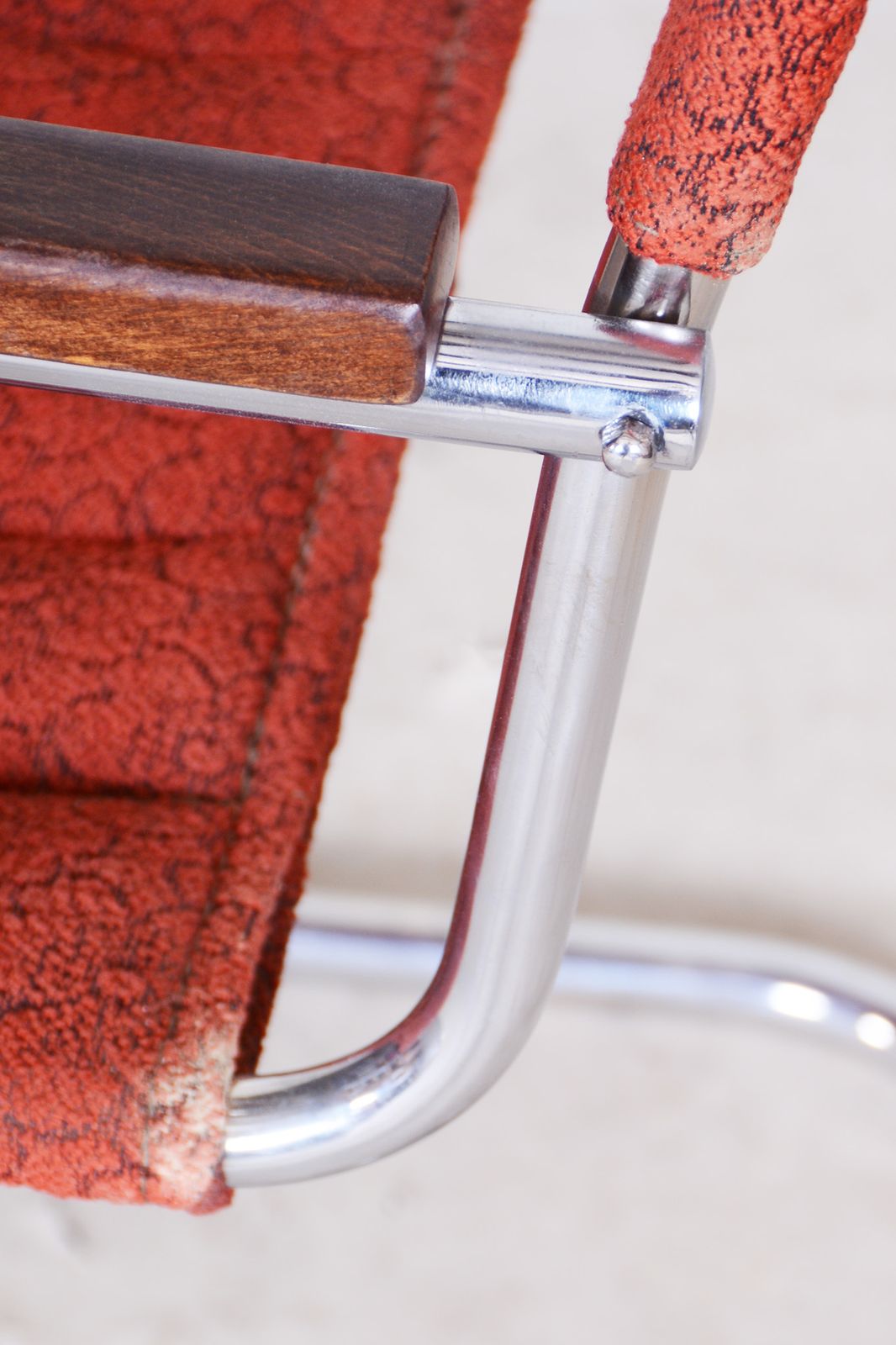 Furniture Red Bauhaus Armchair By Marcel Breuer, Made By Mücke   Melder, Beech, Chrome, Very Well Preserved Original Condition, Czechia, 1930s photo