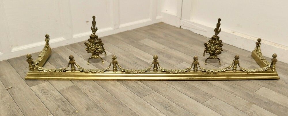 Superb Quality And Design 19th Century Heavy Brass Fender With Andirons photo furniture