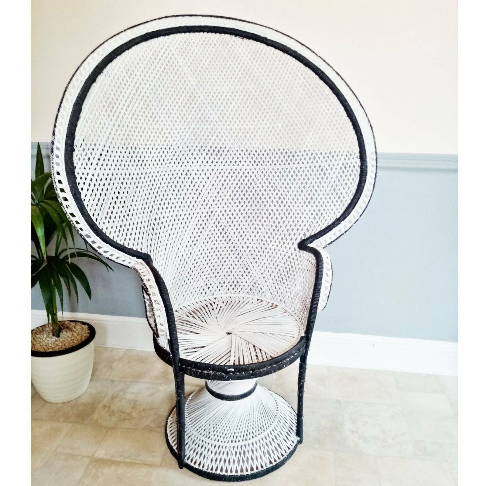 70's X Large Emmanuelle Wicker Peacock Chair   White W/ Black Detail   Wicker Rattan Chair   Boho Chic Retro Cane Chair   Photo / Film Prop photo vinterior