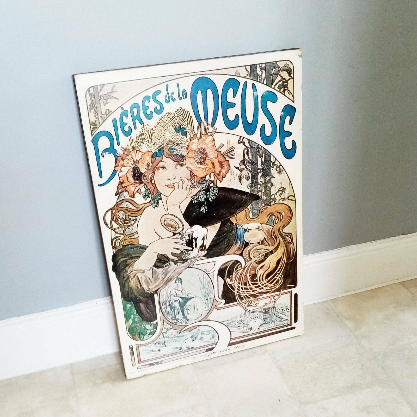 50's Large Vintage Bieres De La Meuse Print On Board   Alphonse Mucha   French Art Nouveau 1897 Fine Art Advertisement   Wall Hanging  29.5"