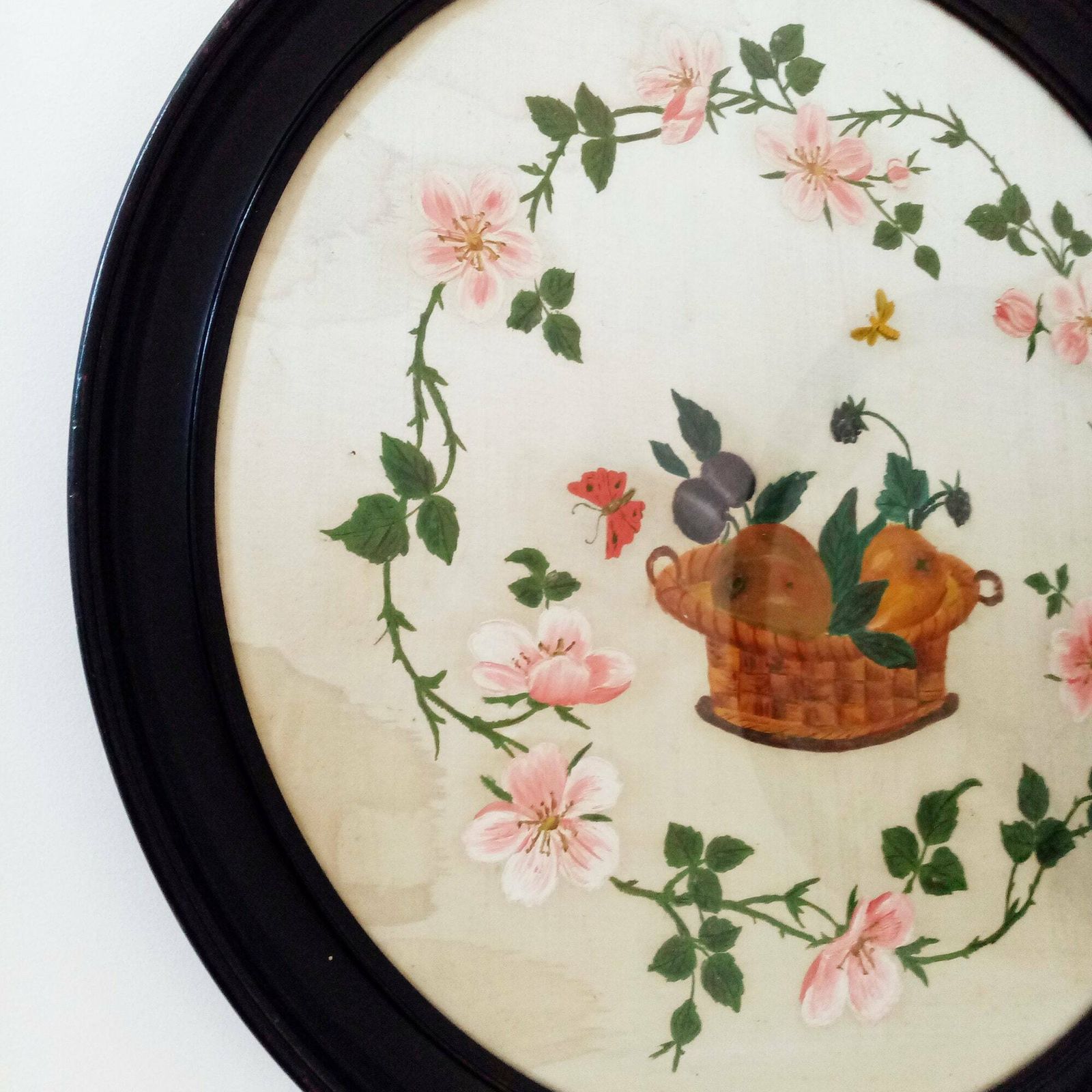 1900s Antique Large Pair Of Paintings On Silk   Baskets Of Fruit Surrounded By Garlands Of Flowers W/ Original Ebonised Wood Frames   20.5" photo for sale