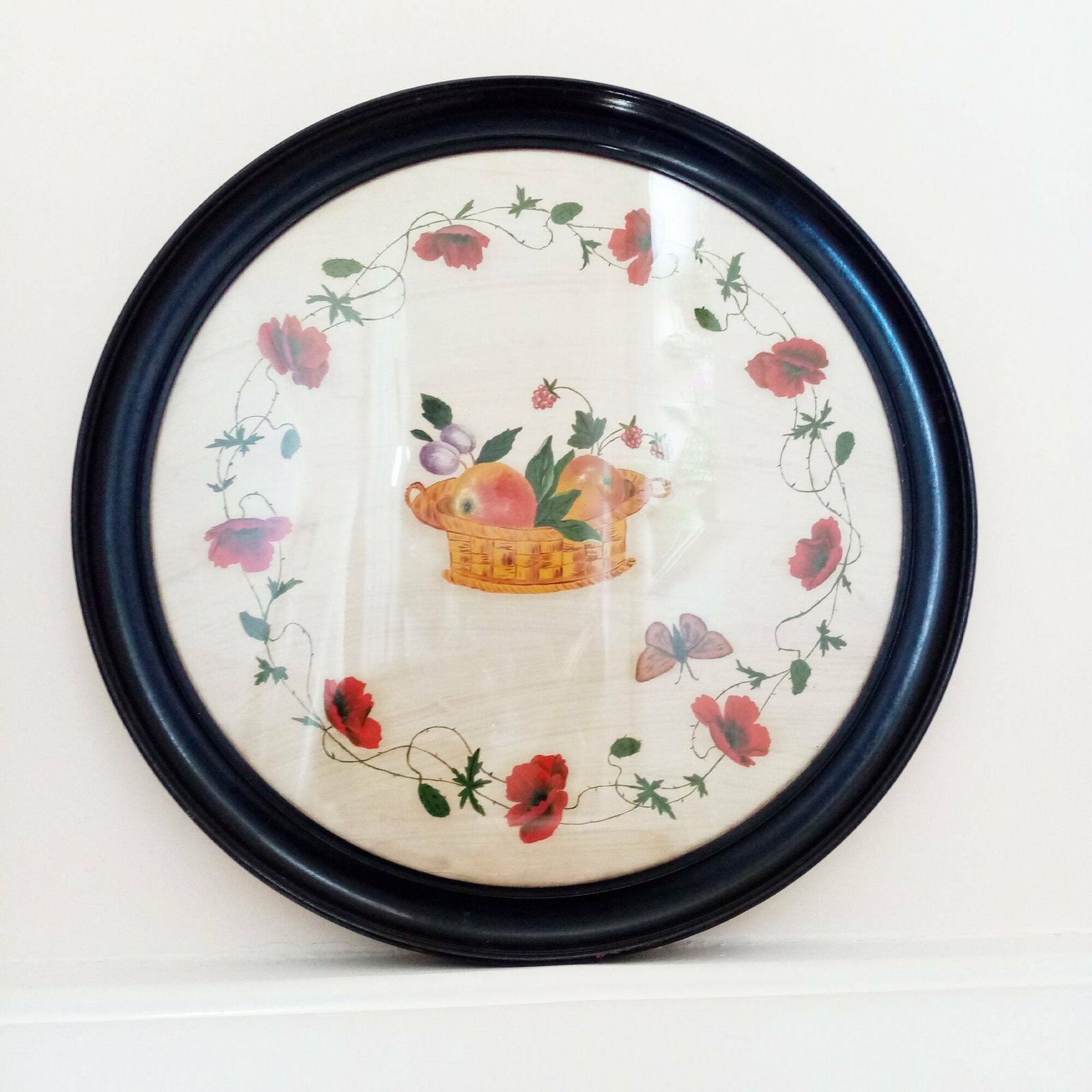 1900s Antique Large Pair Of Paintings On Silk   Baskets Of Fruit Surrounded By Garlands Of Flowers W/ Original Ebonised Wood Frames   20.5" photo 160.0