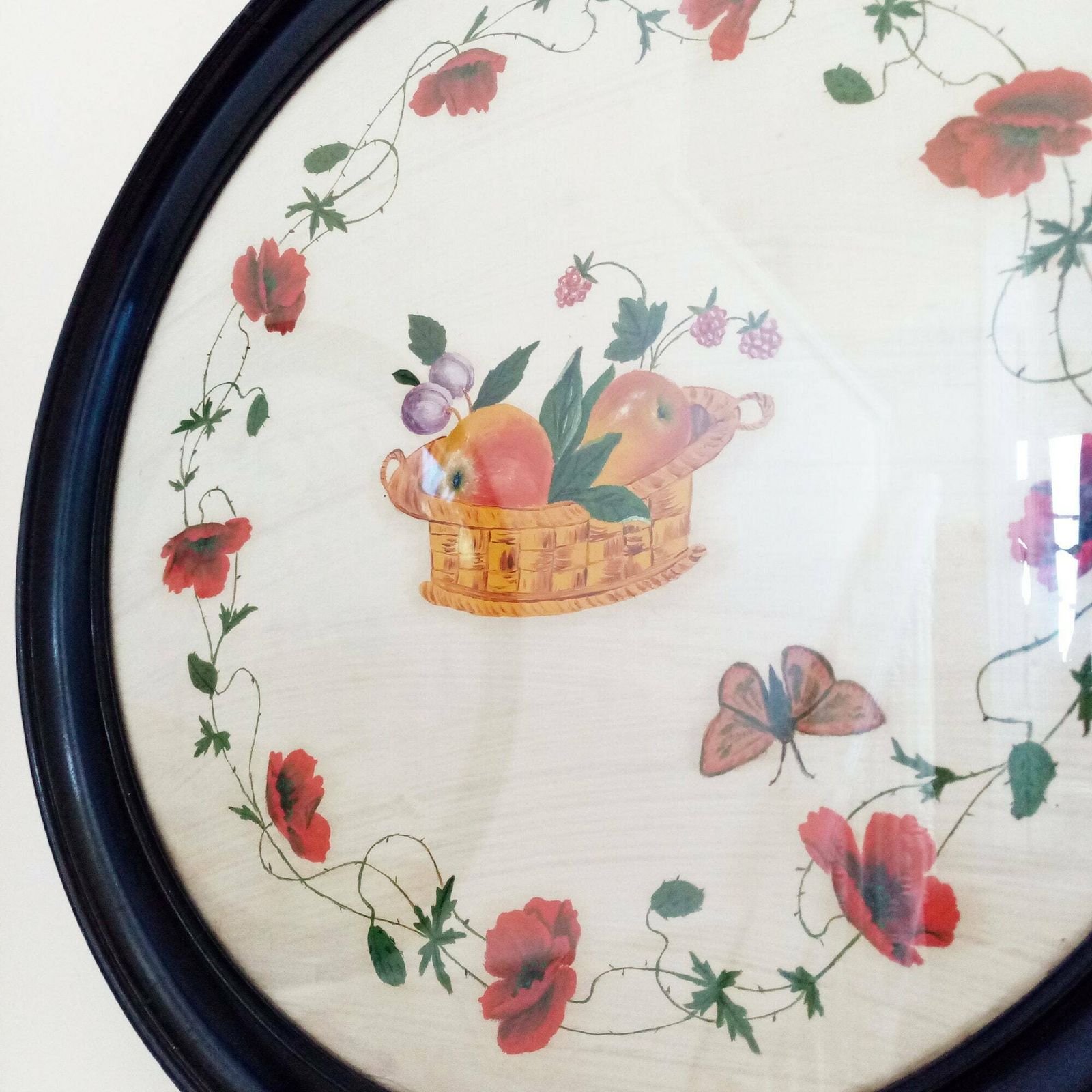 1900s Antique Large Pair Of Paintings On Silk   Baskets Of Fruit Surrounded By Garlands Of Flowers W/ Original Ebonised Wood Frames   20.5" photo vinterior