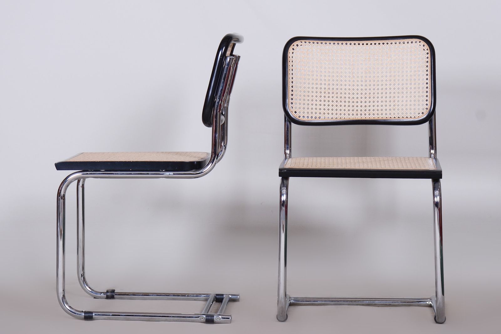 Original Pair Of Bauhaus Chairs, Very Well Preserved Condition, Chrome Plated Steel, Rattan, Beech, 1960s, Italy photo for sale