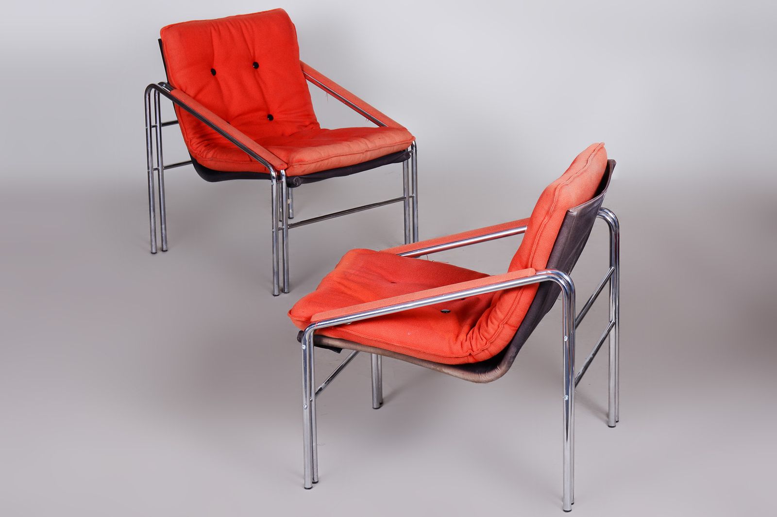 Original Pair Of Mid Century Armchairs, Very Well Preserved, Chrome Plated Steel, Czechia, 1960s photo for sale