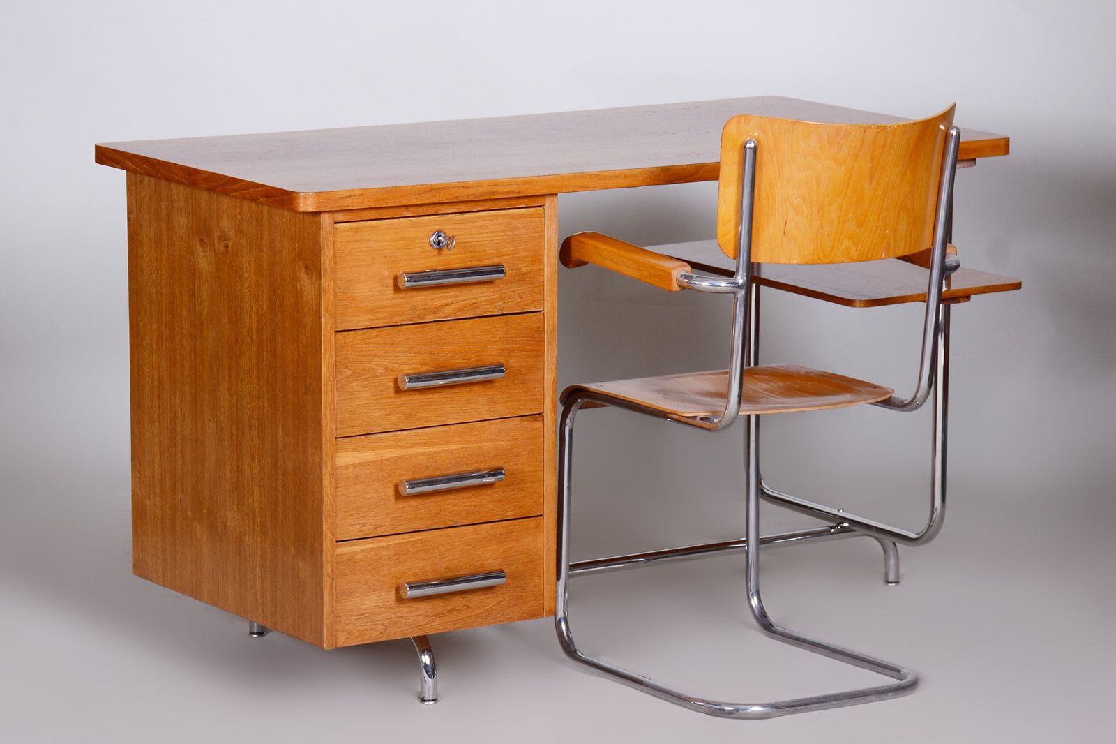 photo for sale Restored Bauhaus Oak Writing Desk, Jindrich Halabala, Up Zavody, 1930s, Czechia