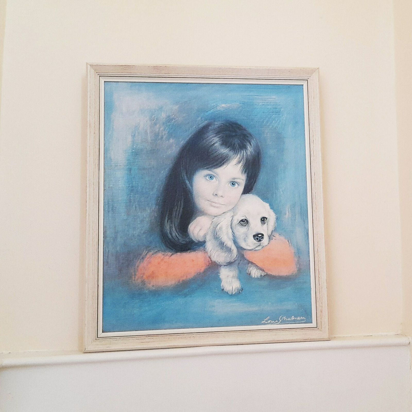 60's Original Large Vintage Framed Art   Puppy Love By Louis Shabner   Gouache On Board   Girl & Puppy   Kitsch Retro Wall Art photo furniture