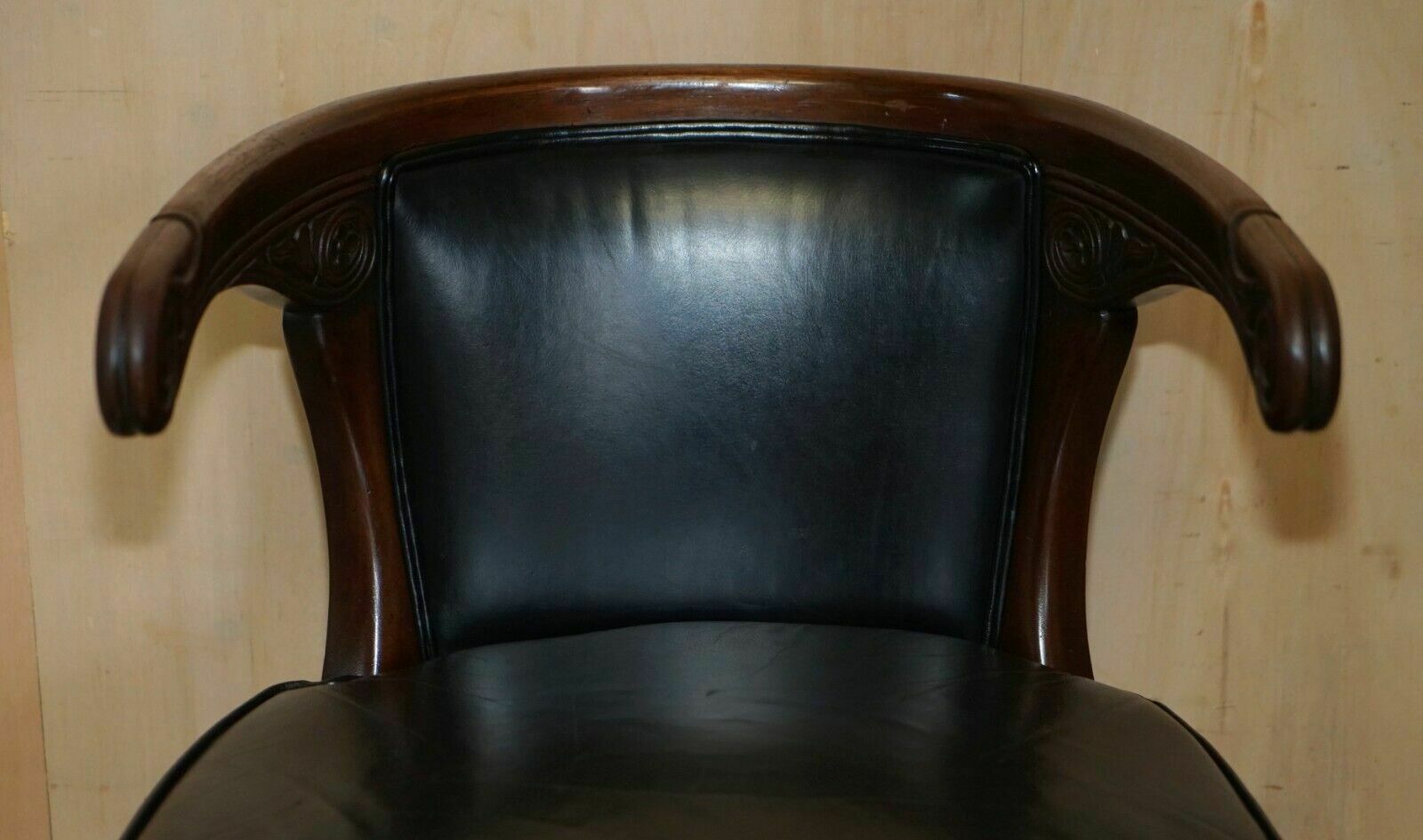 Antique Original Regency 1815 Black Leather Mahogany Horseshoe Office Desk Chair photo for sale