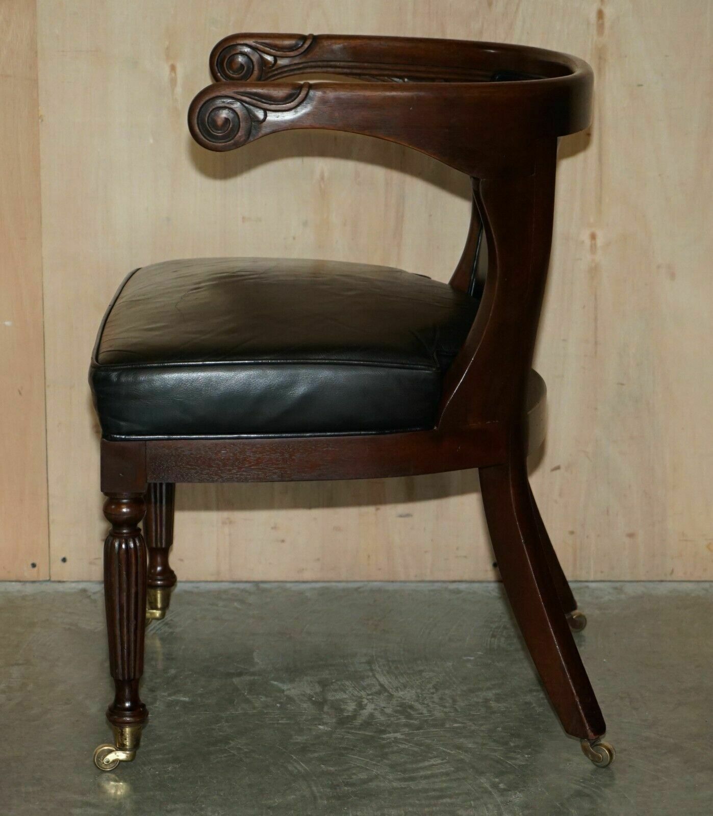photo buy Antique Original Regency 1815 Black Leather Mahogany Horseshoe Office Desk Chair