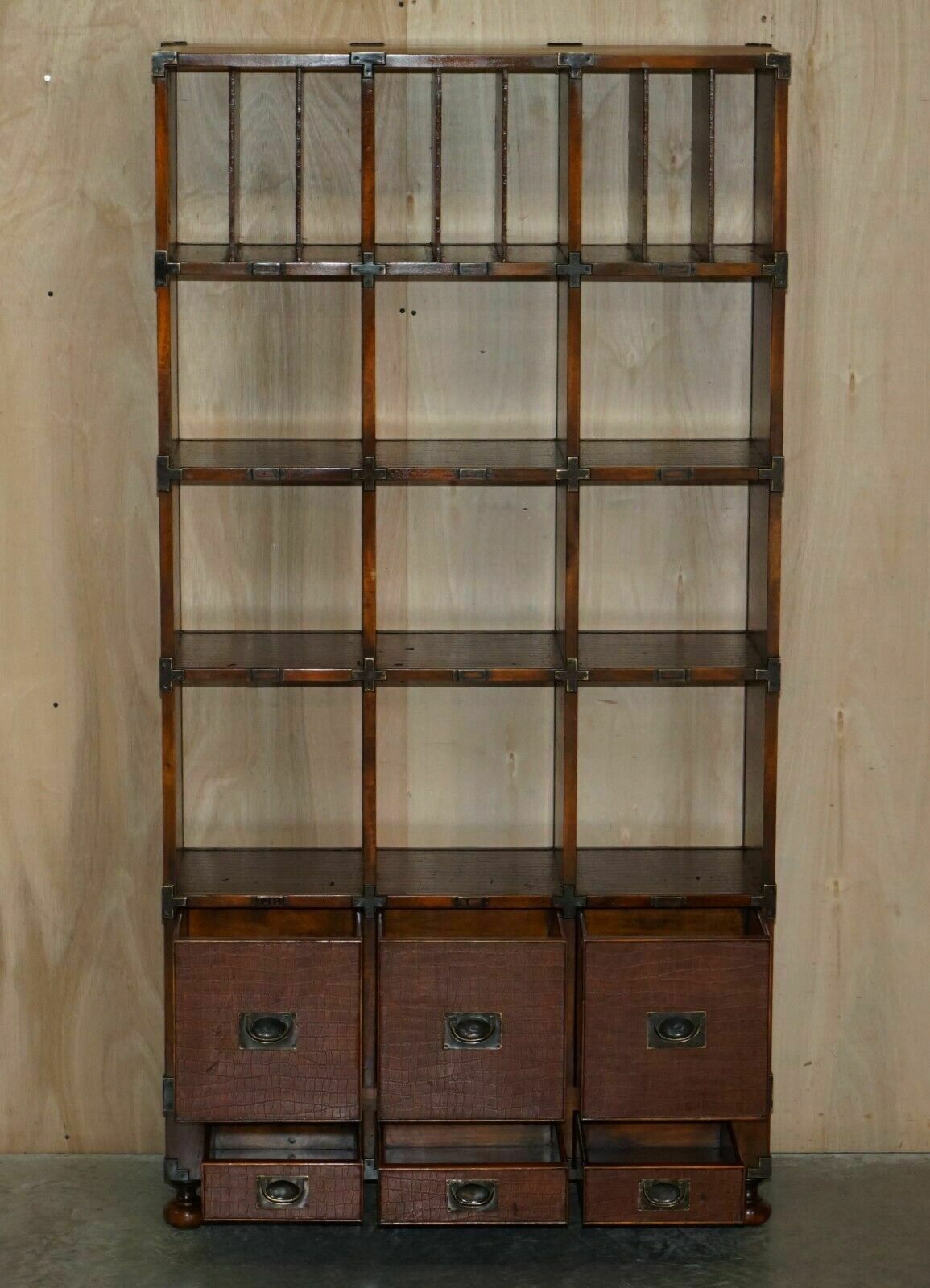 Furniture Pair Of Crocodile Leather Open Library Bookcases With Drawers & Record Slots photo