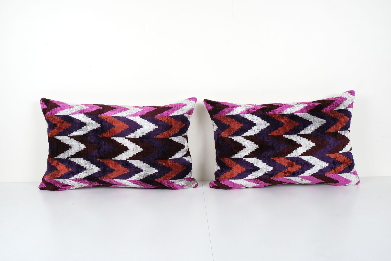 Silk Ikat Velvet Pillow Cover, Set Of Two Matching Multicolor Ikat Lumbar Pillowcase, Pair Colorful Designer Throw Pillow 16'' X 24''