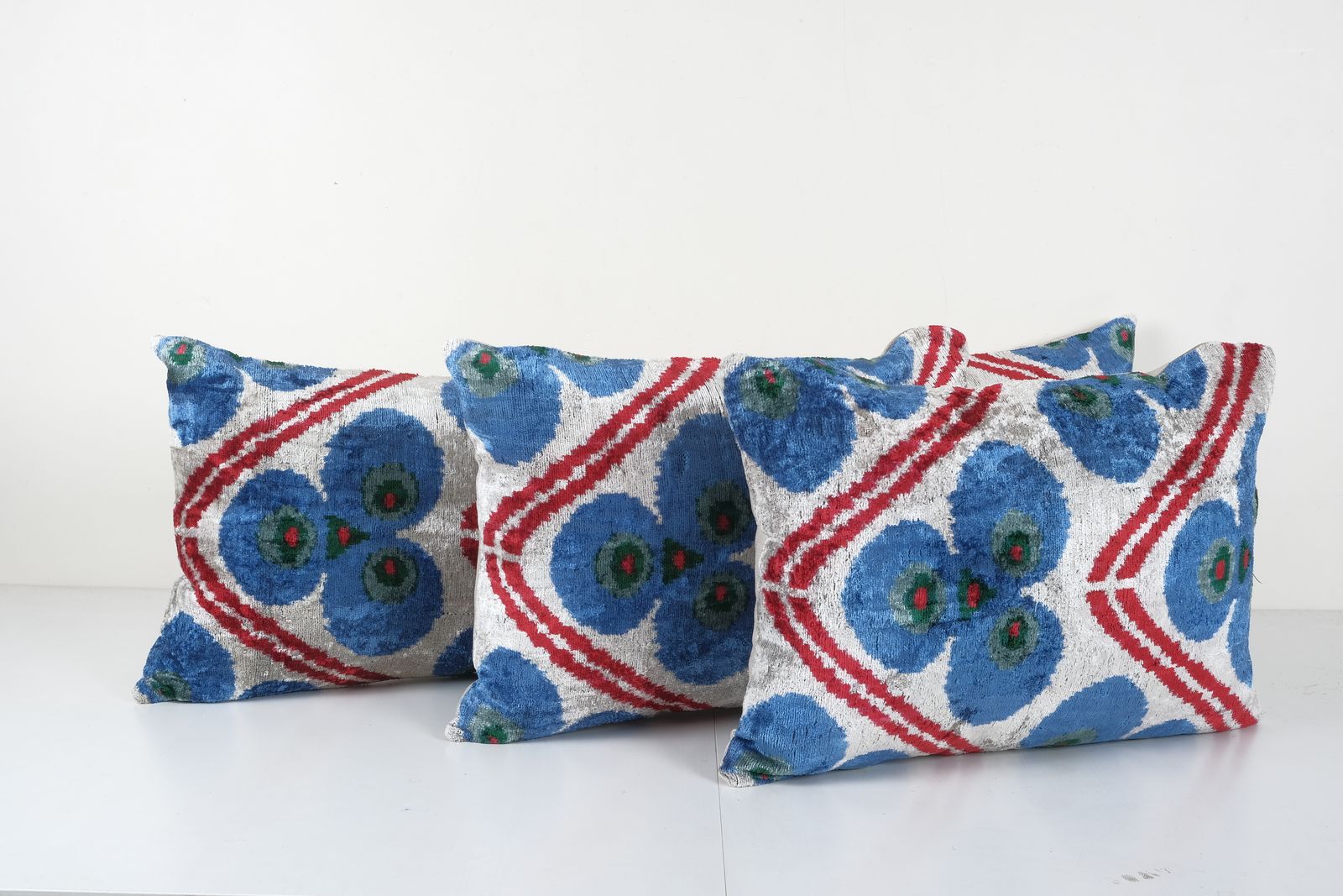 Silk Ikat Eye Velvet Pillow Cover   Triple Handloom Beige And Blue Velvet Lumbar Pillow Cover   Uzbek Cushion Cover 1 photo Textiles