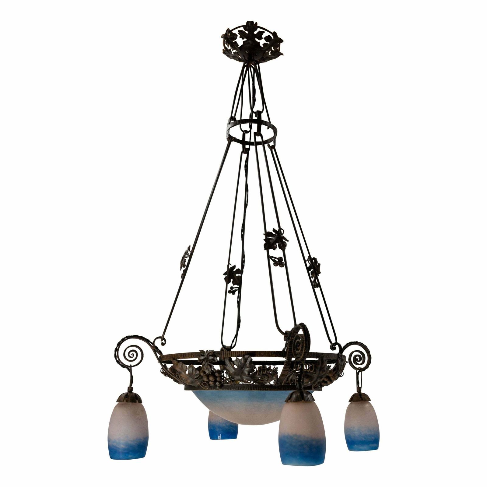 French Art Deco Chandelier Coloured Glass & Wrought Iron Ceiling Pendant, C 1930
