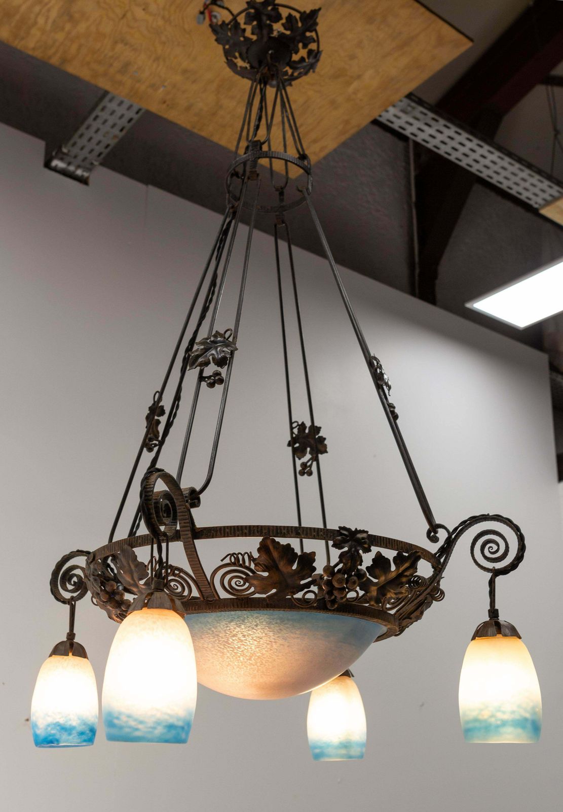 French Art Deco Chandelier Coloured Glass & Wrought Iron Ceiling Pendant, C 1930 photo Lighting