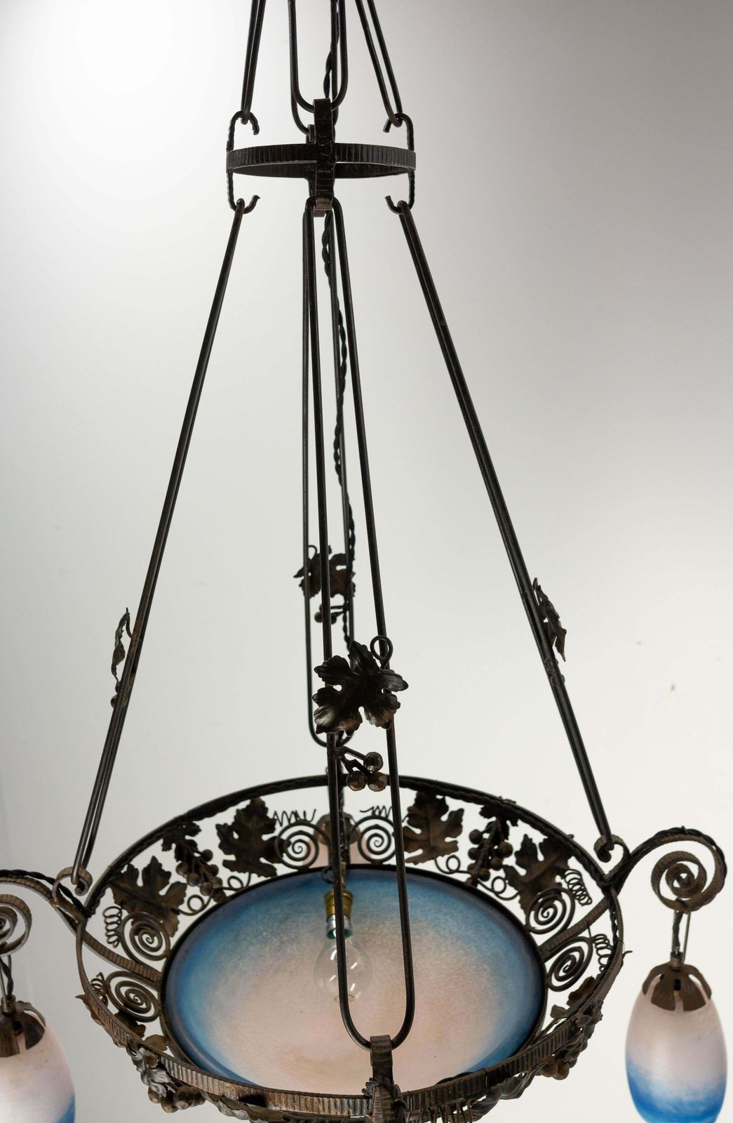 French Art Deco Chandelier Coloured Glass & Wrought Iron Ceiling Pendant, C 1930 photo vinterior