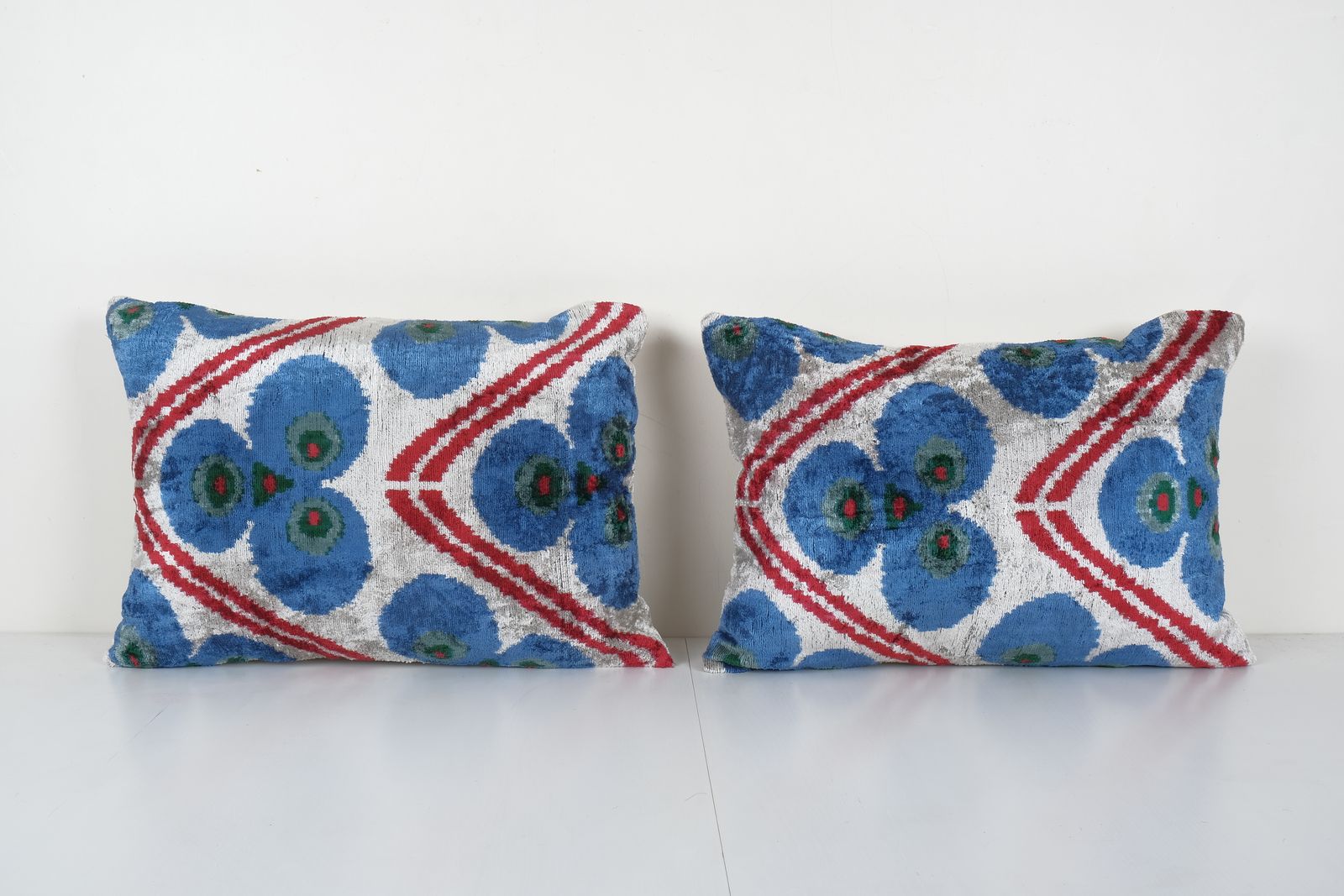 Ikat Velvet Pillow, Set Of Two Silk Ikat Lumbar Cushion Cover, Pair Colorful Ikat Lumbar Pillows, Unusual Design Velvet 16'' X 20''