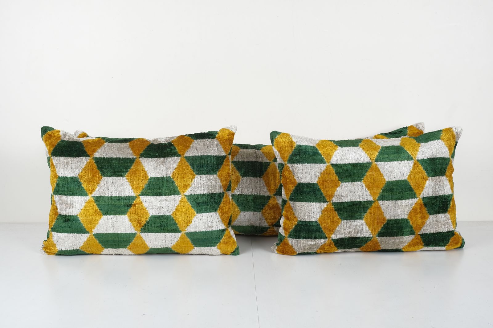 Handmade Quadrilateral Ikat Velvet Bedding Pillow, Set Of Three Yellow Woven Ikat Silk Lumbar Pillowcase