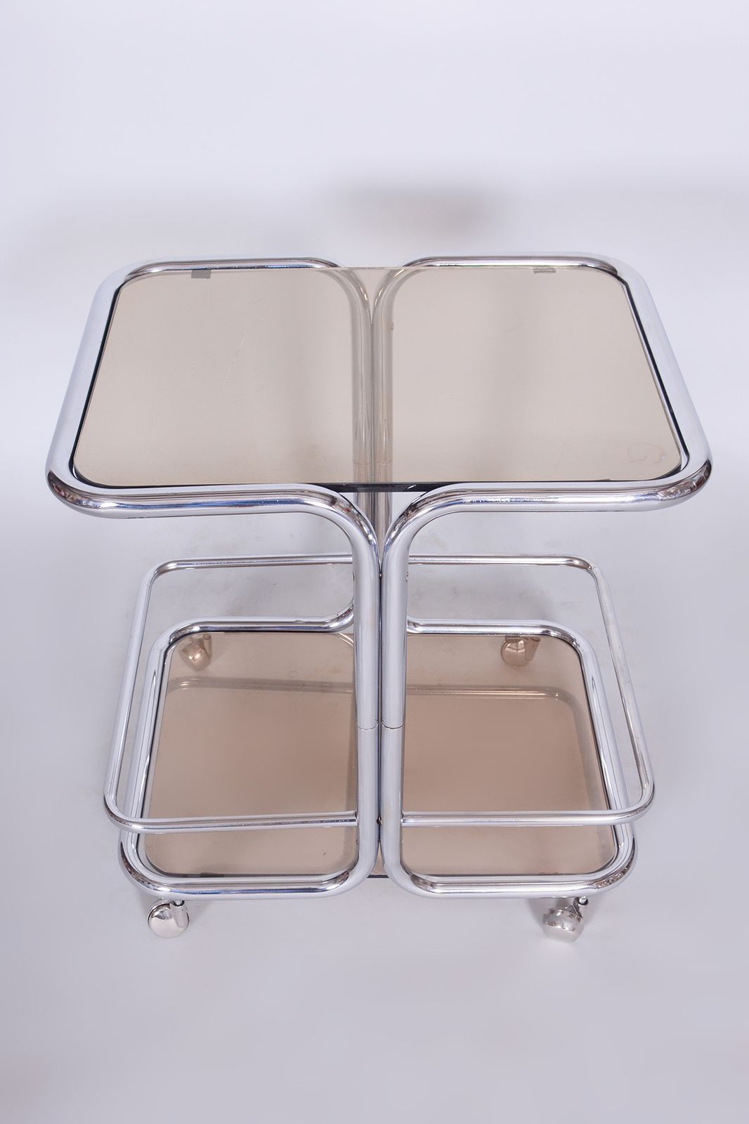Original Mid Century Chrome Serving Trolley, Smoked Glass, Chrome Plated Steel, 1960s, Czechia photo Furniture