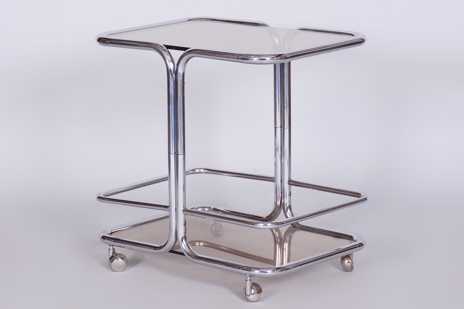 Original Mid Century Chrome Serving Trolley, Smoked Glass, Chrome Plated Steel, 1960s, Czechia