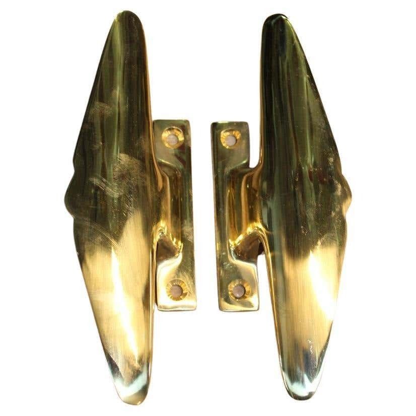 Mid Century Pair Of Italian 1950s Handles Solid Brass Gold Airplane Tail Italy