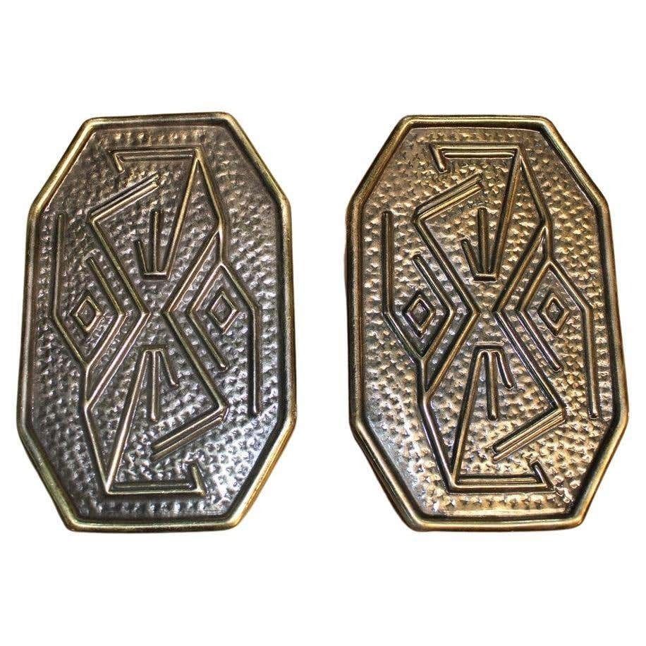 Mid Century Pair Of Solid Brass Handles With Geometric Designs Italian