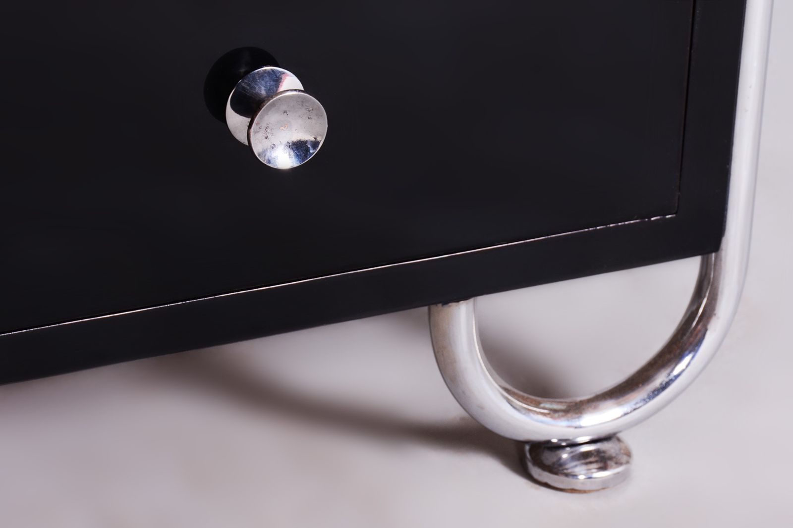 Restored Black Art Deco Dressing Mirror Made By Vichr A Spol, 1930s, Czechia, Chrome Plated Steel, Lacquered Wood photo furniture