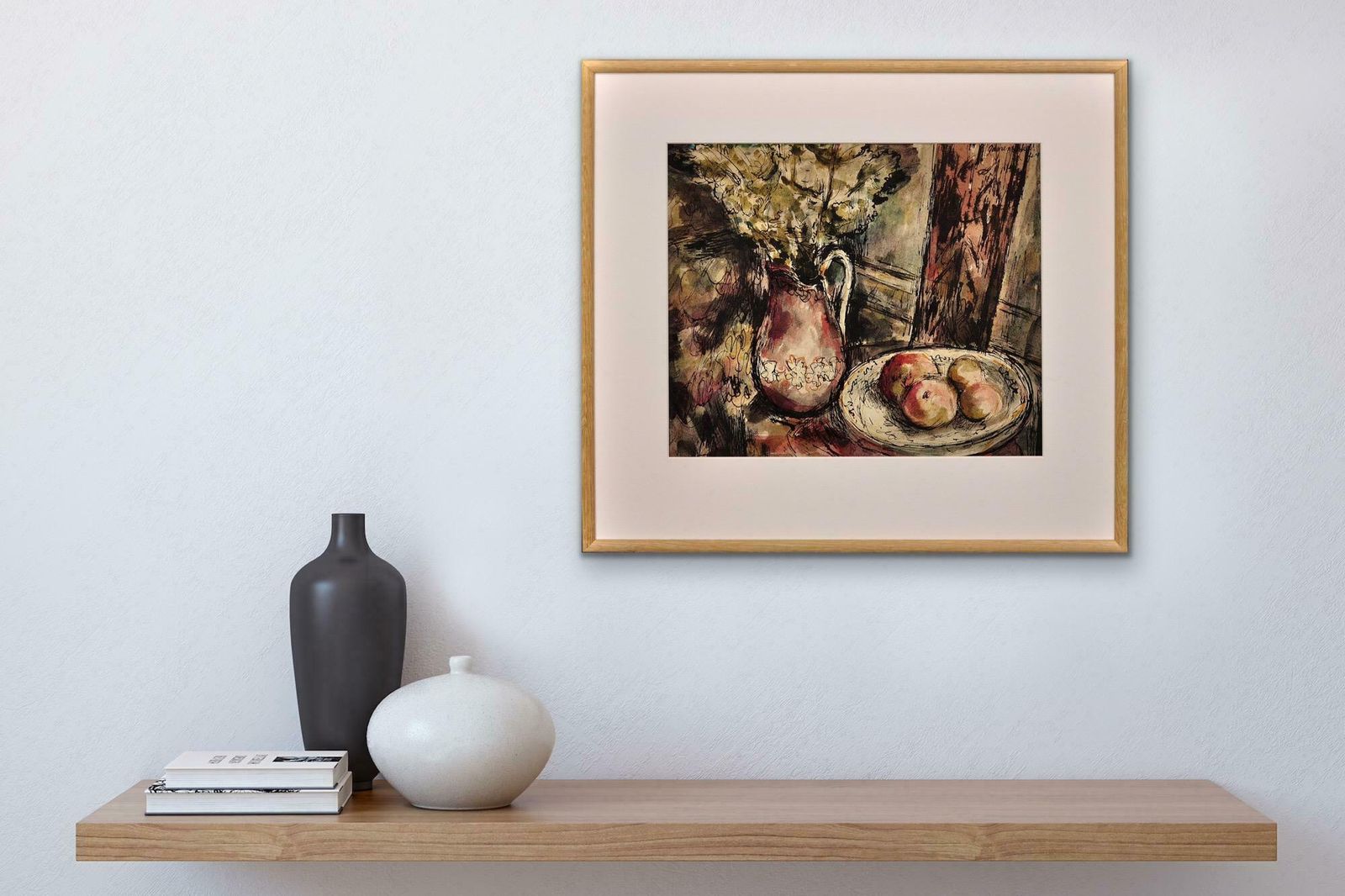 photo vinterior James Tower 1919 To 1988. English. Still Life Of Flowers In A Jug And A Bowl Of Apples, 1944. Framed Wartime Watercolour By A Renowned Ceramics Artist