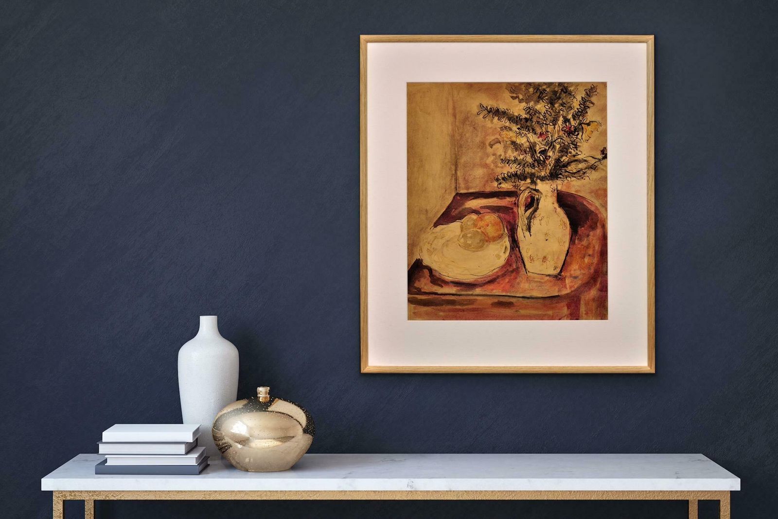 James Tower 1919 To 1988. English. Still Life Of Flowers In A Jug And A Plate Of Fruit. Framed Wartime Watercolour By A Renowned Ceramics Artist. photo buy