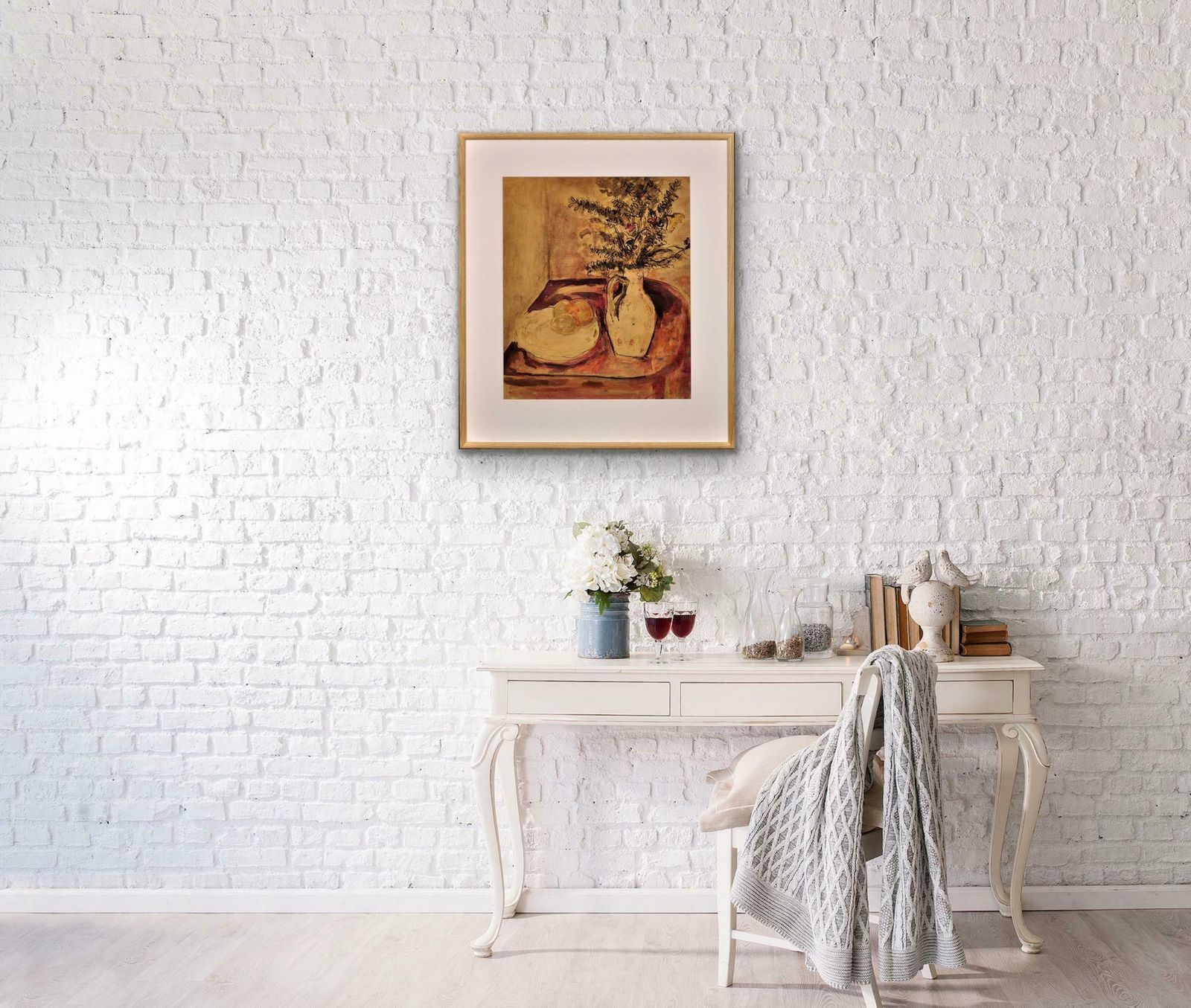 photo for sale James Tower 1919 To 1988. English. Still Life Of Flowers In A Jug And A Plate Of Fruit. Framed Wartime Watercolour By A Renowned Ceramics Artist.