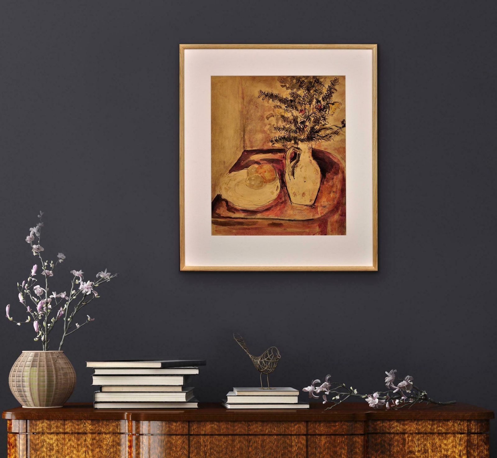 photo vintage James Tower 1919 To 1988. English. Still Life Of Flowers In A Jug And A Plate Of Fruit. Framed Wartime Watercolour By A Renowned Ceramics Artist.