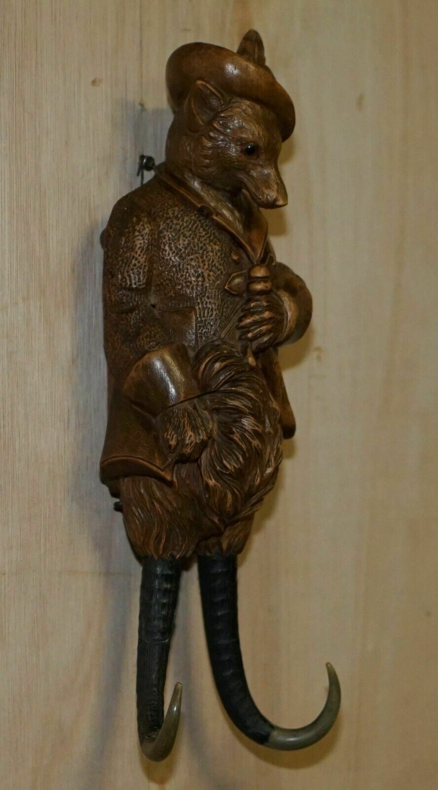 3500.0 Antique Musical Circa 1880 Black Forest Hand Carved Fox Whip Hook Glass Eyes photo
