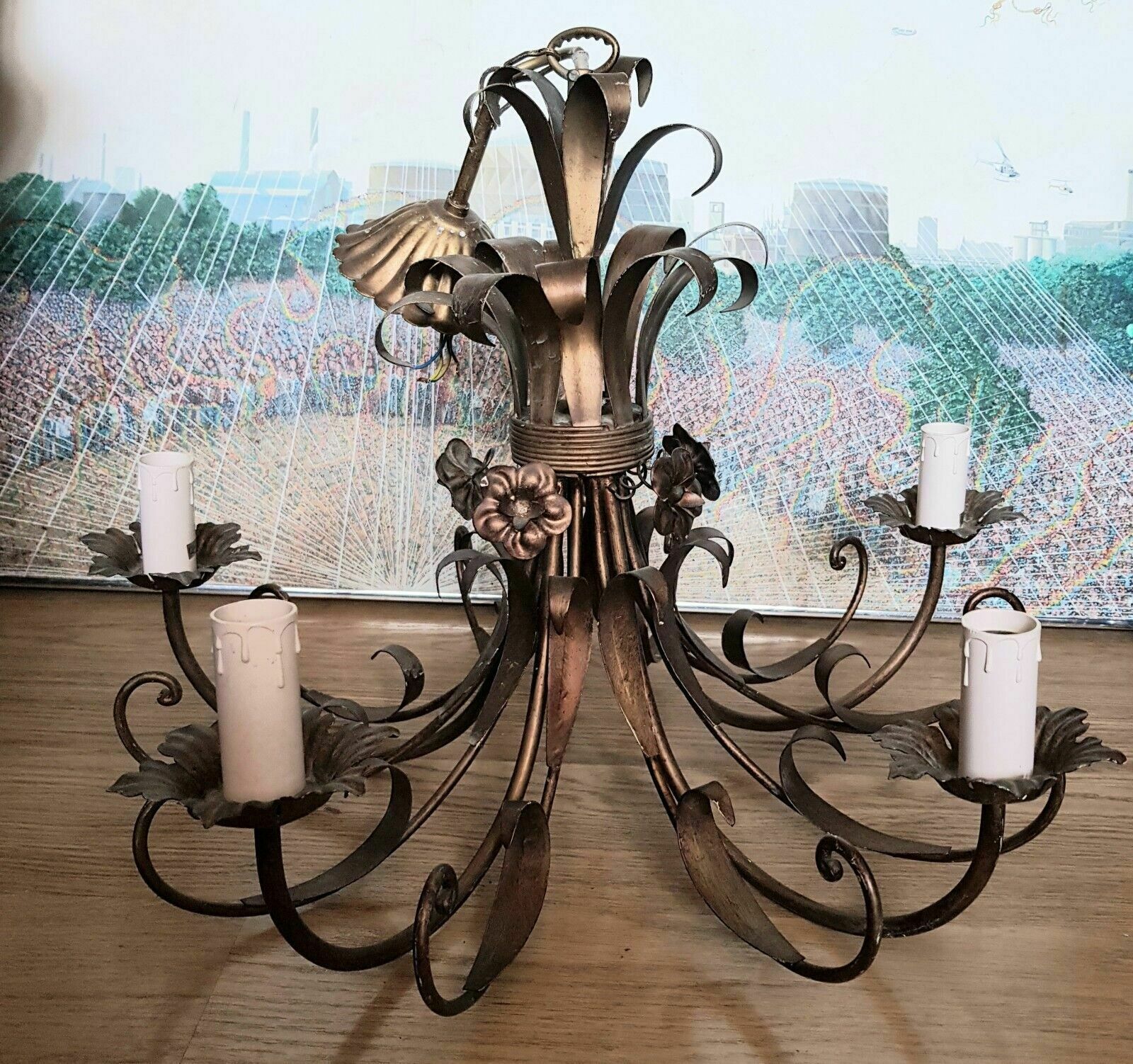 Vintage Tole Toleware Gilt Wheatsheaf French Chandelier