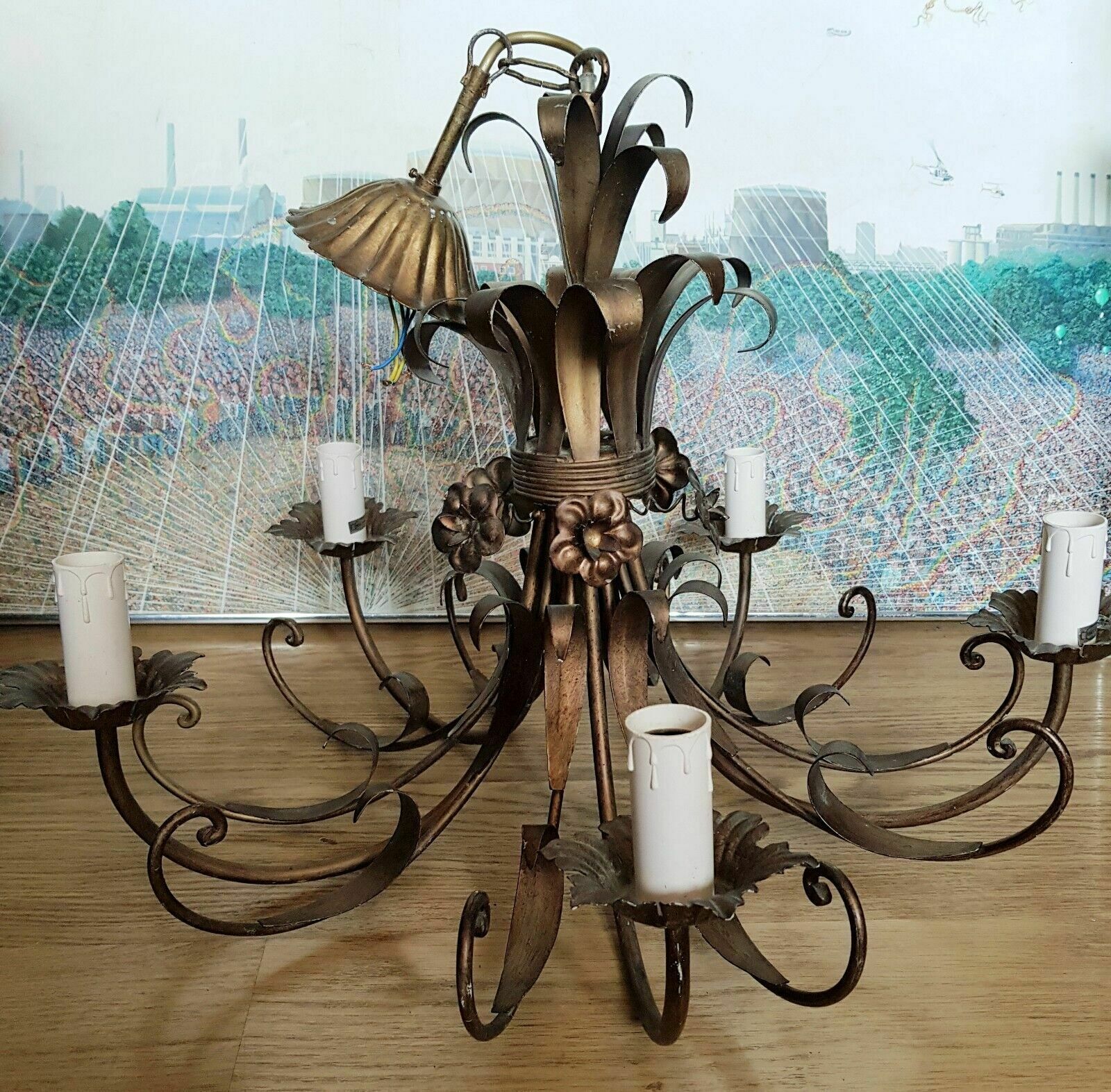 Vintage Tole Toleware Gilt Wheatsheaf French Chandelier photo 395.0