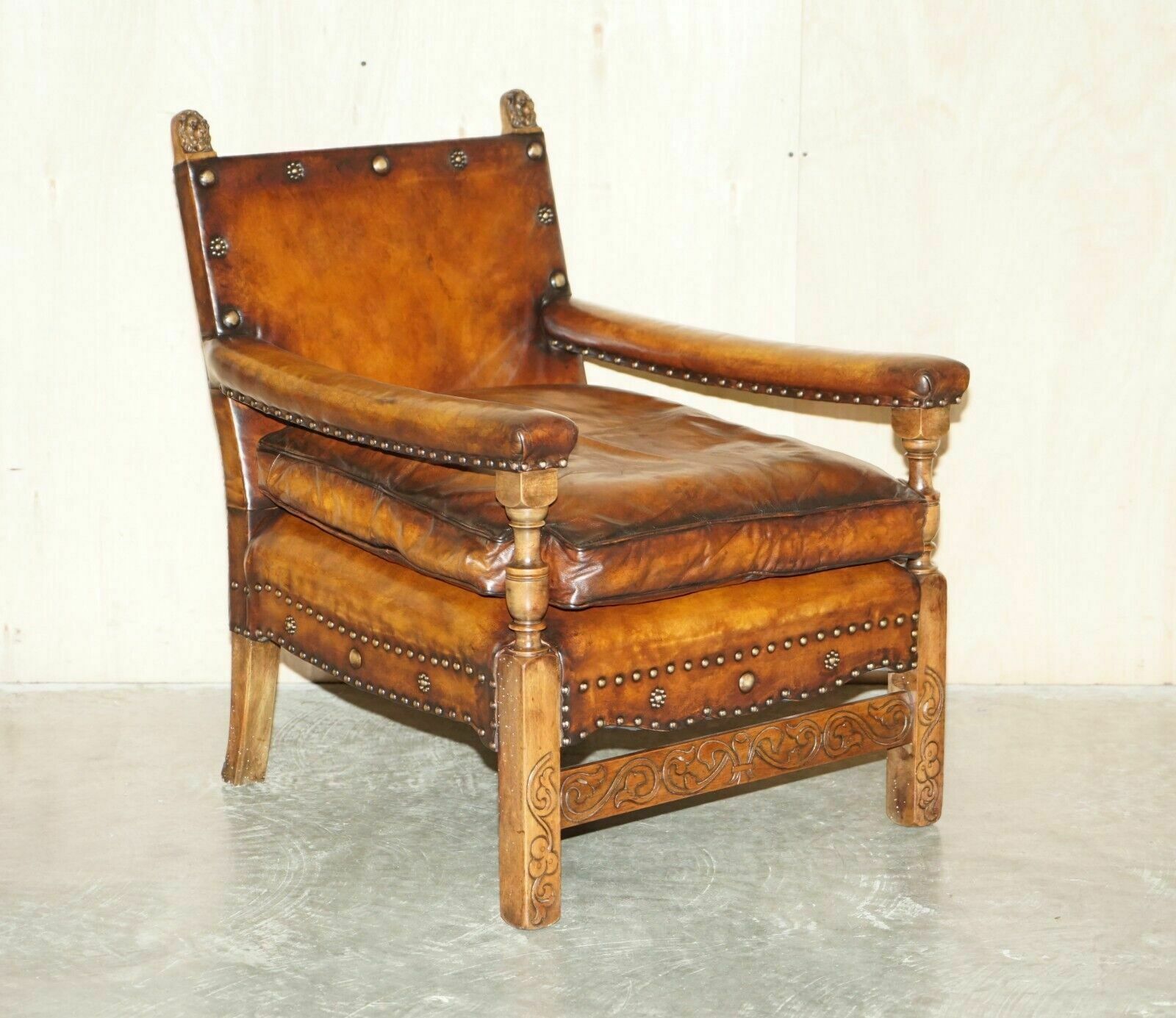 Fully Restored Edwardian Circa 1910 Hand Dyed Brown Leather Lion Carved Armchair