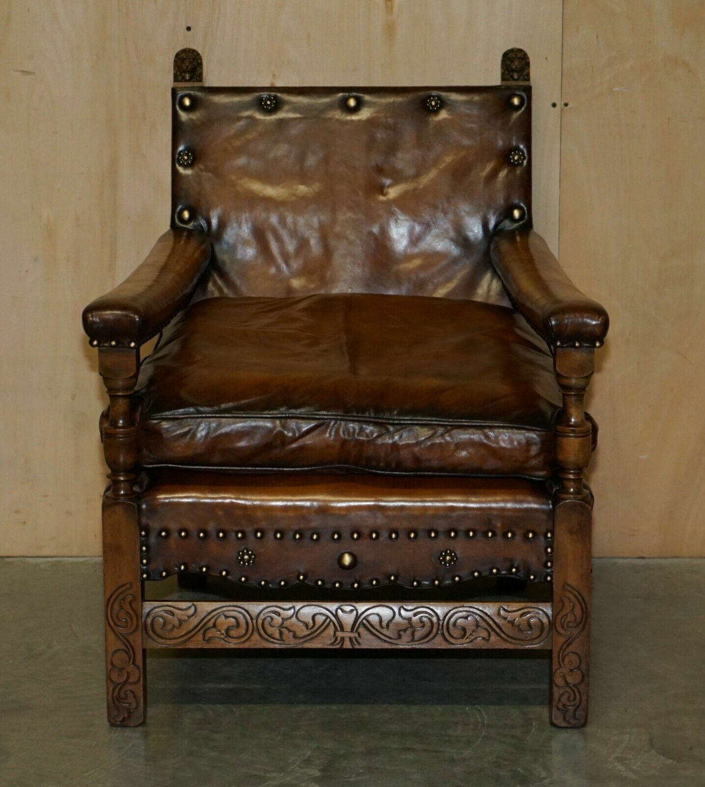 Fully Restored Edwardian Circa 1910 Hand Dyed Brown Leather Lion Carved Armchair photo furniture