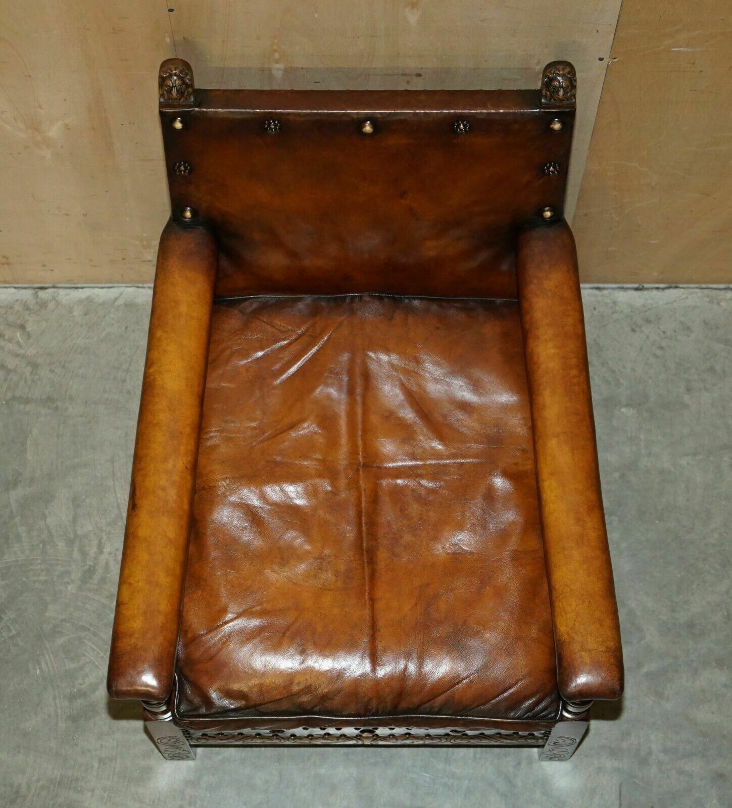 photo furniture Fully Restored Edwardian Circa 1910 Hand Dyed Brown Leather Lion Carved Armchair