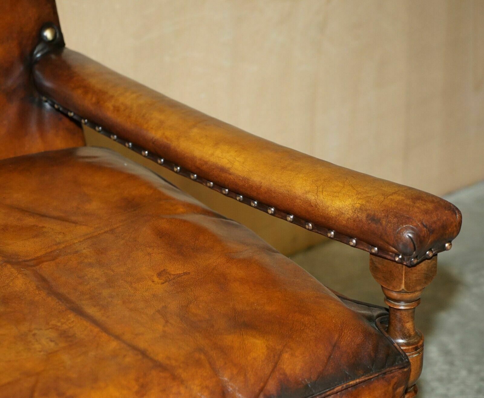 2950.0 Fully Restored Edwardian Circa 1910 Hand Dyed Brown Leather Lion Carved Armchair photo