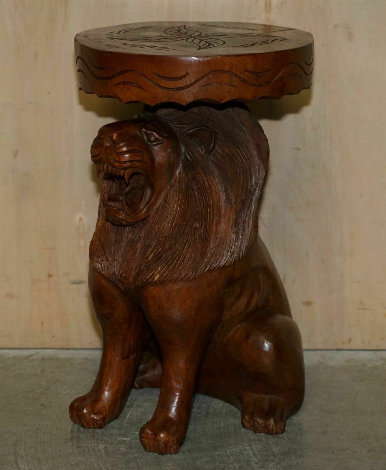 photo vintage Pair Of Vintage Hand Carved Male Lion Stools With Ornate Decoration All Over