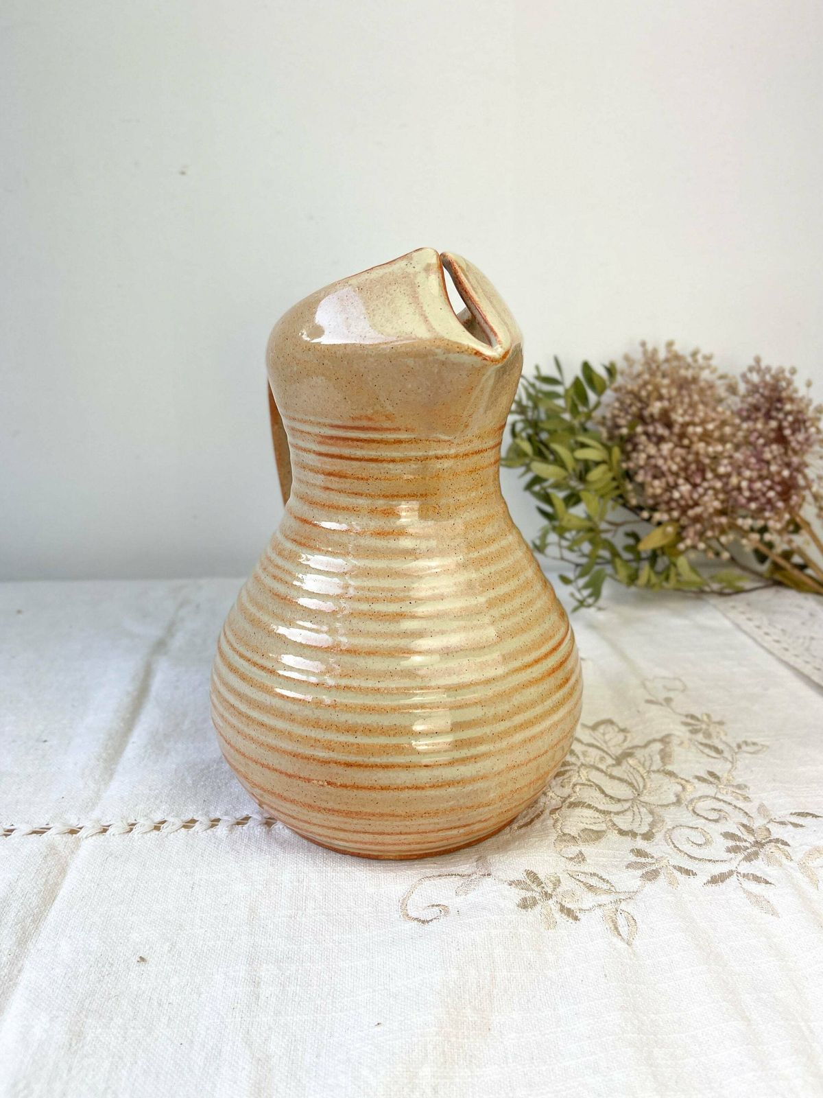 Vintage Glazed Stoneware Pitcher   Beige Sandstone Carafe   Ceramic Pitcher   Vase   Ceramic Stoneware Jug   Vintage Stoneware Tableware photo furniture