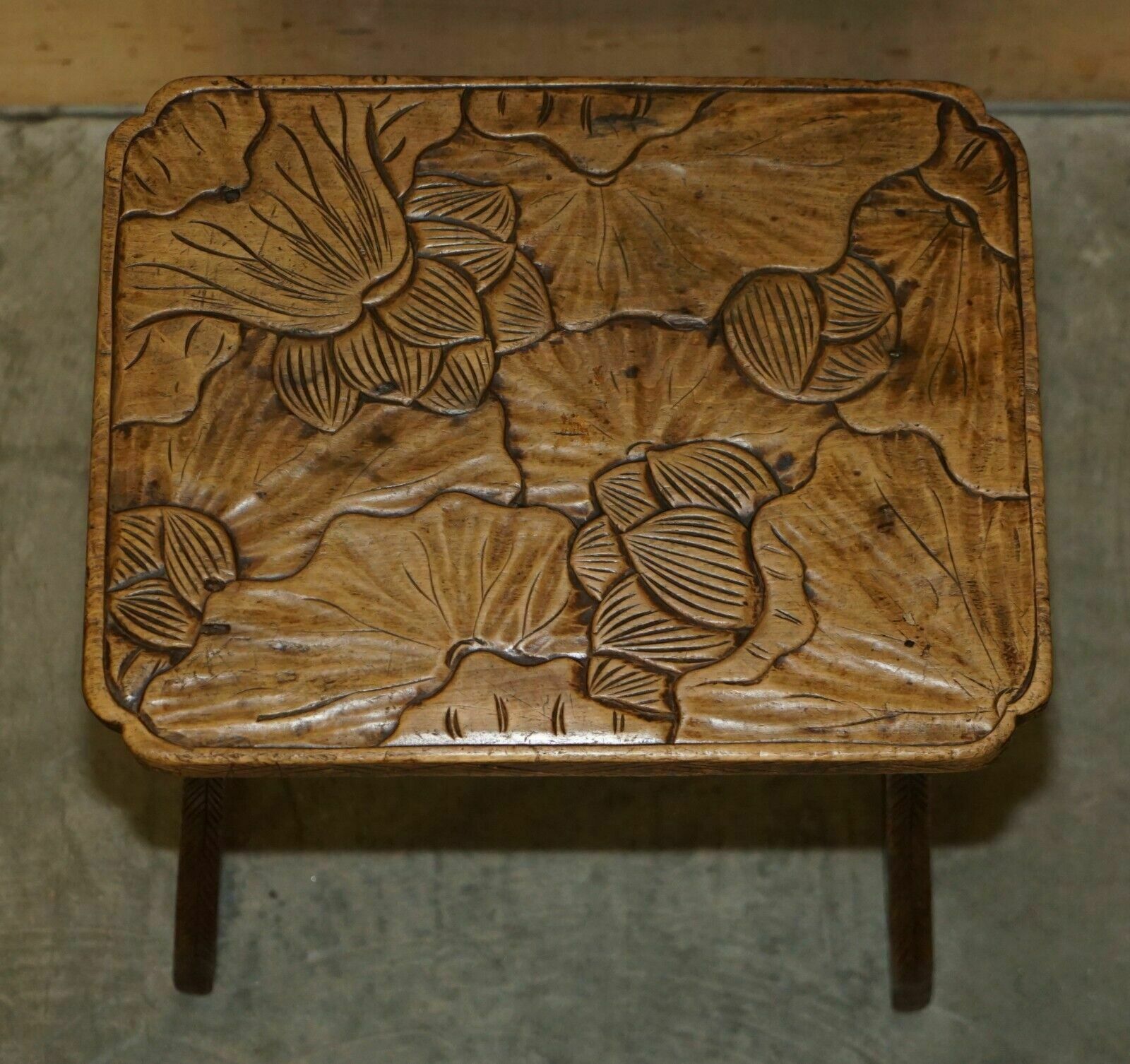 Antique 1905 Liberty's London Qing Dynasty Stool / Side End Table Floral Carving photo vintage