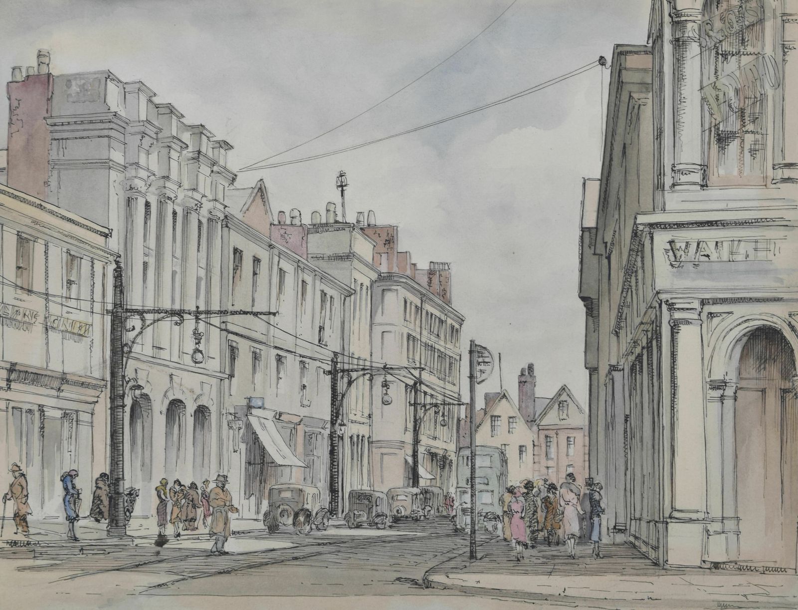 Queen Street, Exeter Watercolour By Louis Osman Friba