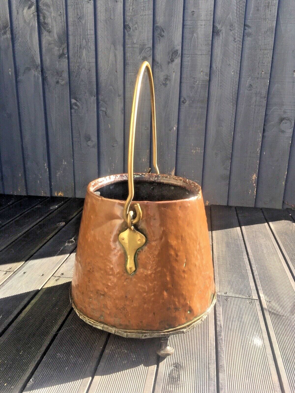 Heavy Antique 19th C Copper Brass Art Nouveau Fire Side Coal Bucket Log Storage photo furniture
