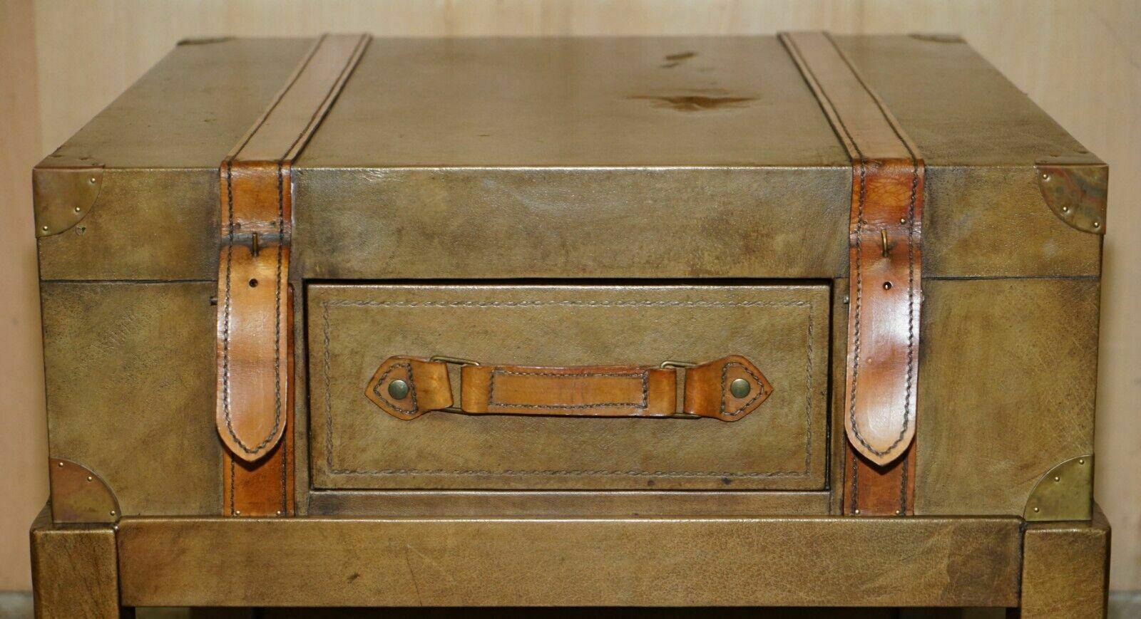 Brown Saddle Leather Suitcase Trunk Single Drawer Coffee Table Nice Decorative photo for sale
