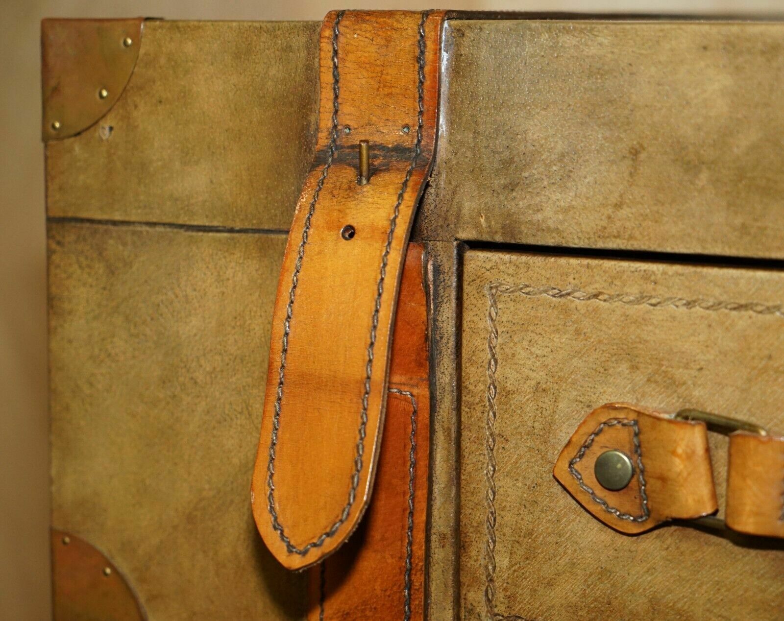 Brown Saddle Leather Suitcase Trunk Single Drawer Coffee Table Nice Decorative photo buy