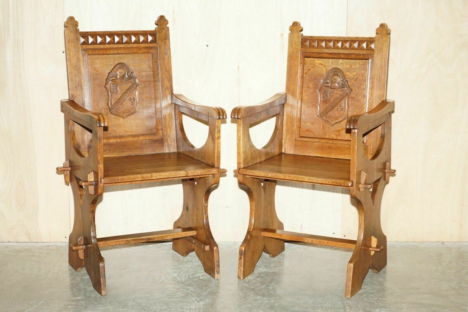 Pair Of Antique Carved English Oak Armchairs With Armorial Crest Coat Of Arms photo furniture