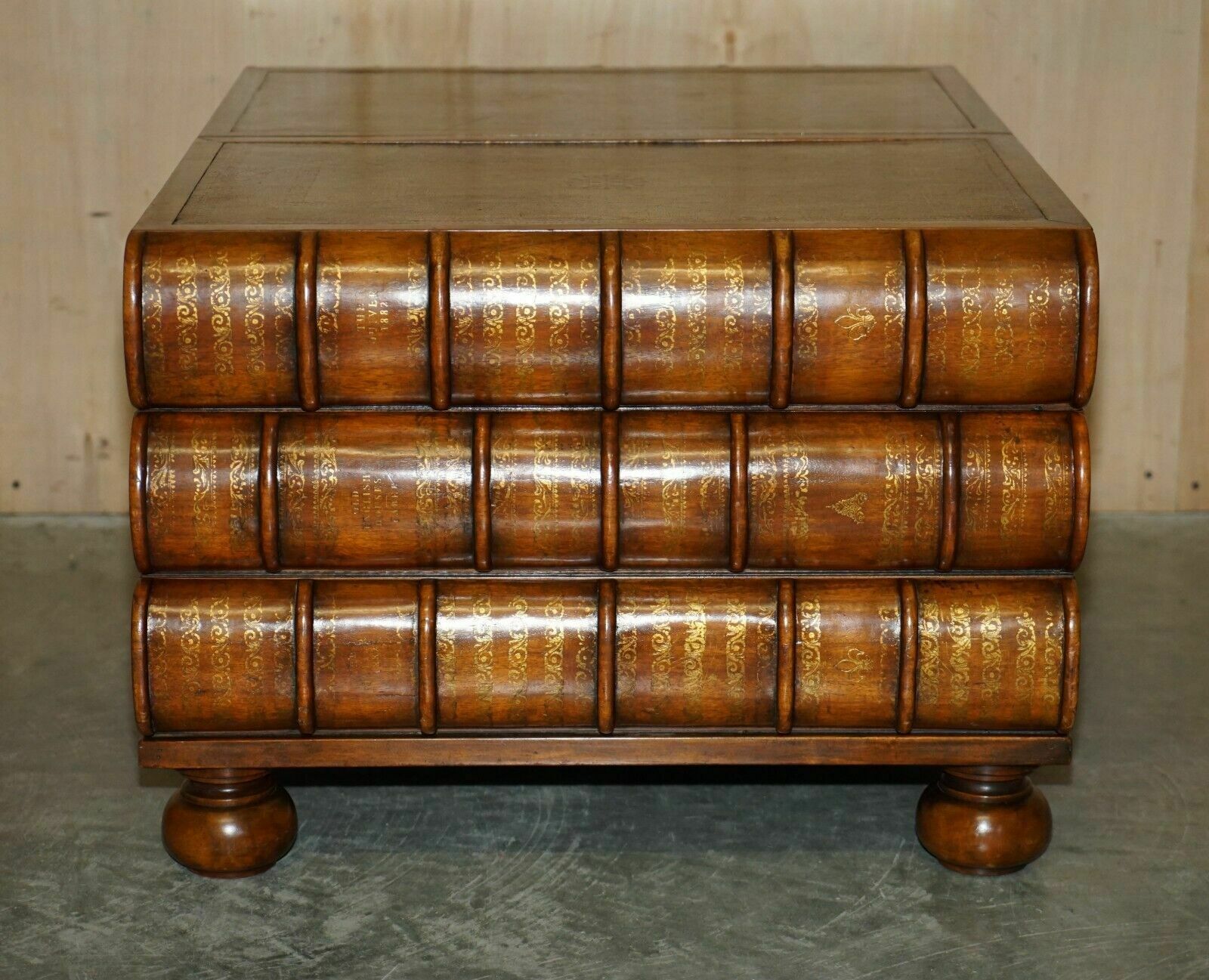 photo vinterior Large Six Drawer Stack Of Scholars Library Books Coffee Table Brown Leather Top