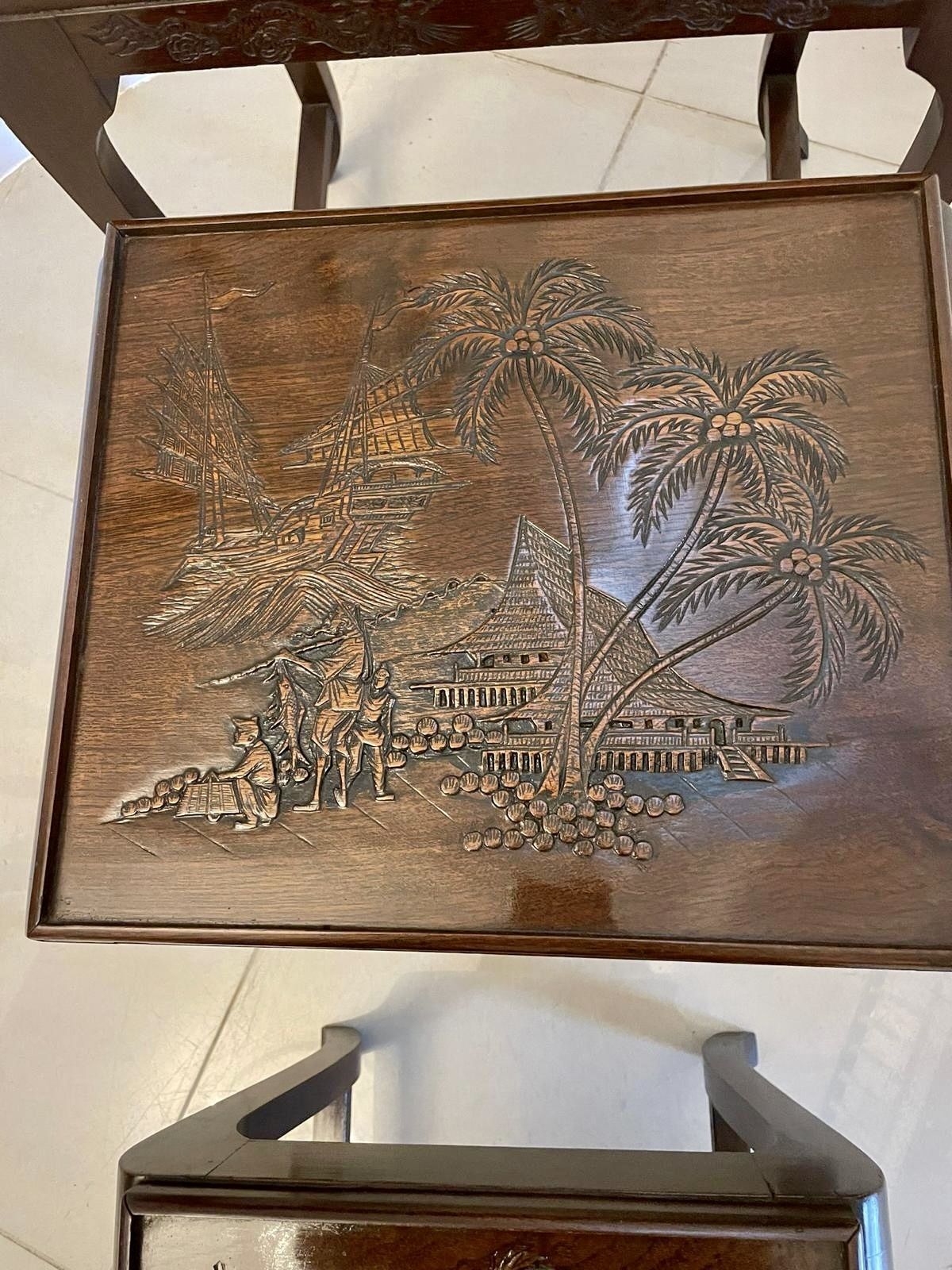 Antique Carved Teak Nest Of 3 Tables photo for sale
