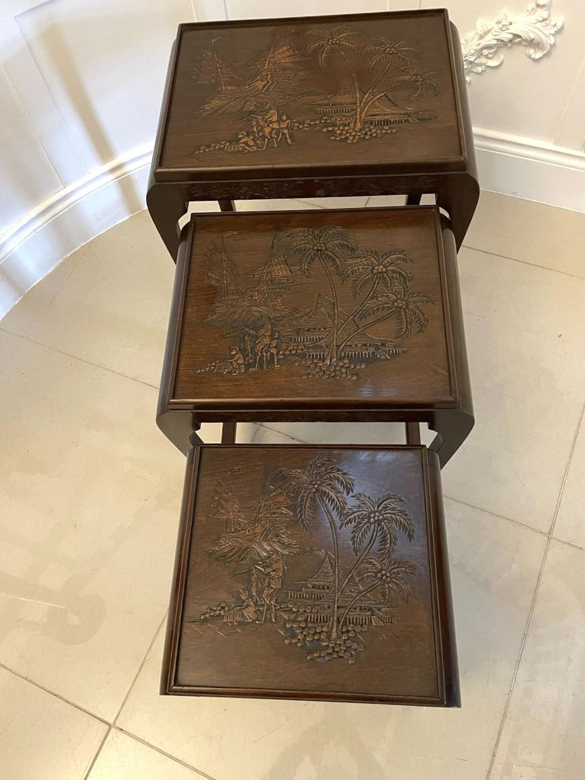 Antique Carved Teak Nest Of 3 Tables photo buy